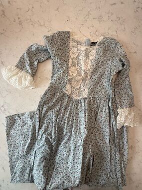 Floral Lace Yoke Prairie Dress in Blue Green